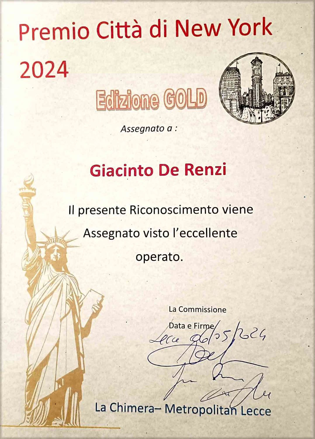Premio per GIACINTO DE RENZI