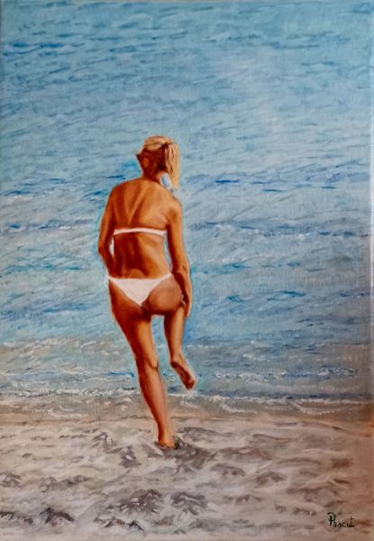 Signora in spiaggia in posizione fenicottero di Pascut .