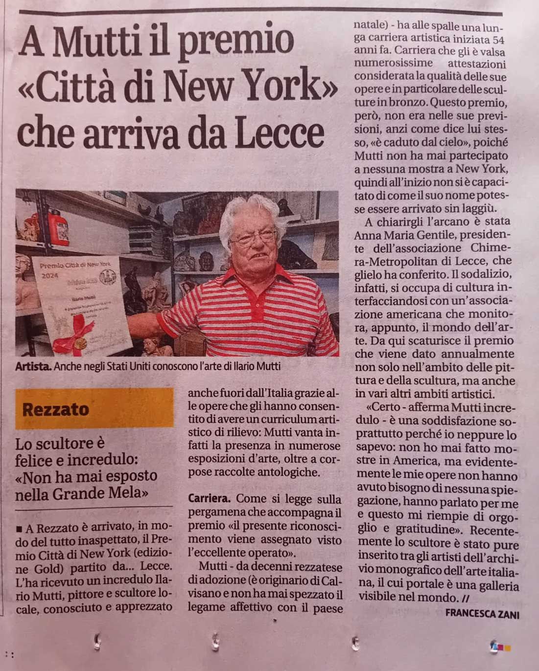 Lo scultore ILARIO MUTTI riceve il Premio Città di New York